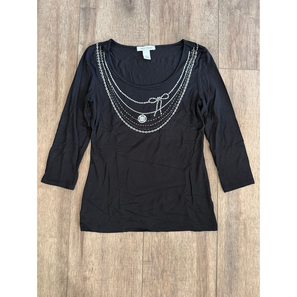 White House Black Market XS Black Trompe L'oeil Necklace Graphic Top